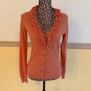 Talbots Womens XS Coral Pink Ruffle V-Neck Button Front Knit Cardigan Sweater